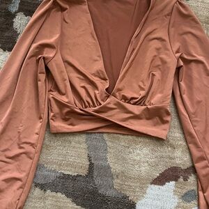 Windsor Brown Long Sleeve Crop Wrap Blouse